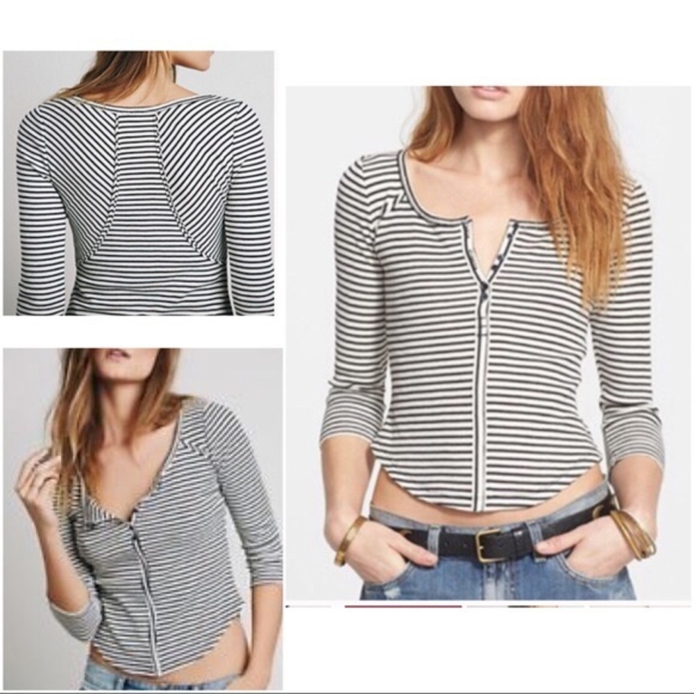 Free People Cropped Striped 3/4 Sleeve Henley
